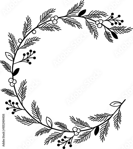 Elegant monochromatic floral wreath illustration with leaves and berries for Christmas decorations, paintings, drawings, and ornament design. Classic xmas semi circle decor.