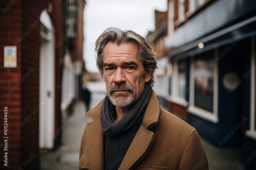 Portrait of a middle-aged man with gray hair and a beard in a brown coat on a city street. Portrait of a middle-aged man with gray hair and a beard in a brown coat on a city street.