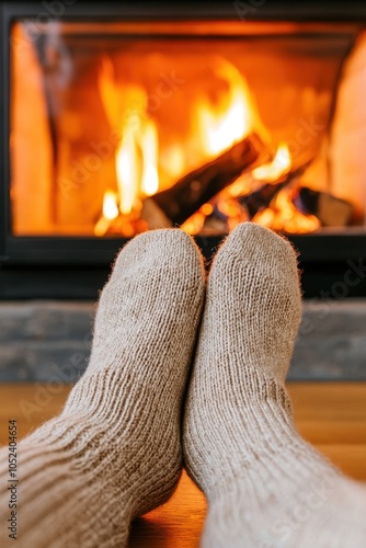 Cozy feet in warm socks beside a crackling fireplace, inviting relaxation and comfort.