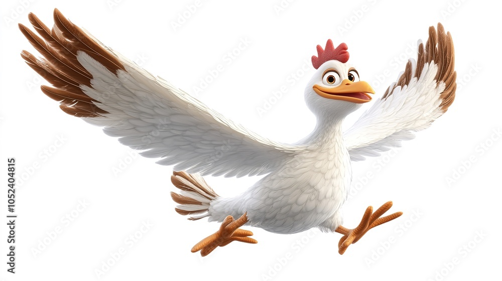Fototapeta premium A cheerful white animated chicken with brown-tipped wings and a red comb, joyfully running with its wings outstretched.
