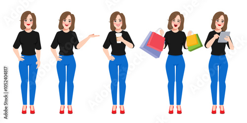 Beautiful woman character pose set. illustration vector premium.