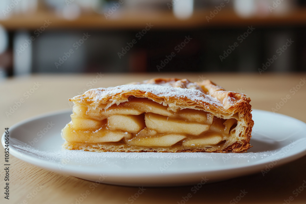 A Slice Of Golden Apple Strudel On A White Plate. The Strudel Is Sprinkled With Powdered Sugar. The Flaky Crust Contrasts Perfectly With The Juicy Apple Filling. Traditional Dessert Cooking.