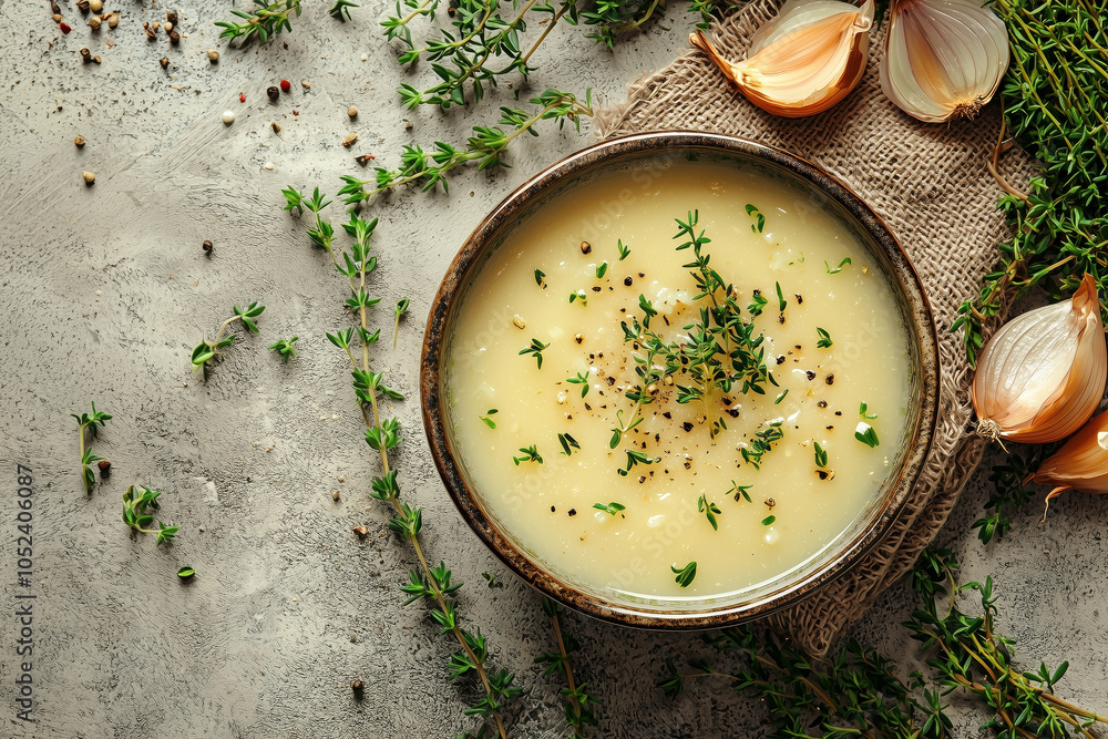 Homemade French Onion Soup and Fresh Thyme in Rustic Brown Bowl, Traditional Comfort Food on Wooden Board, High-End Food Photography