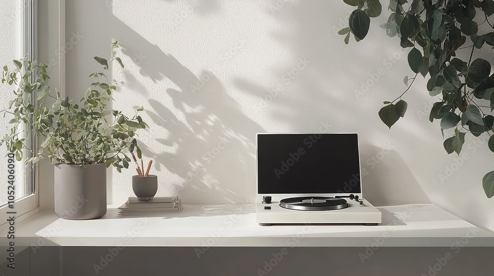 Fototapeta premium Minimalist Workspace with Turntable and Laptop Setup