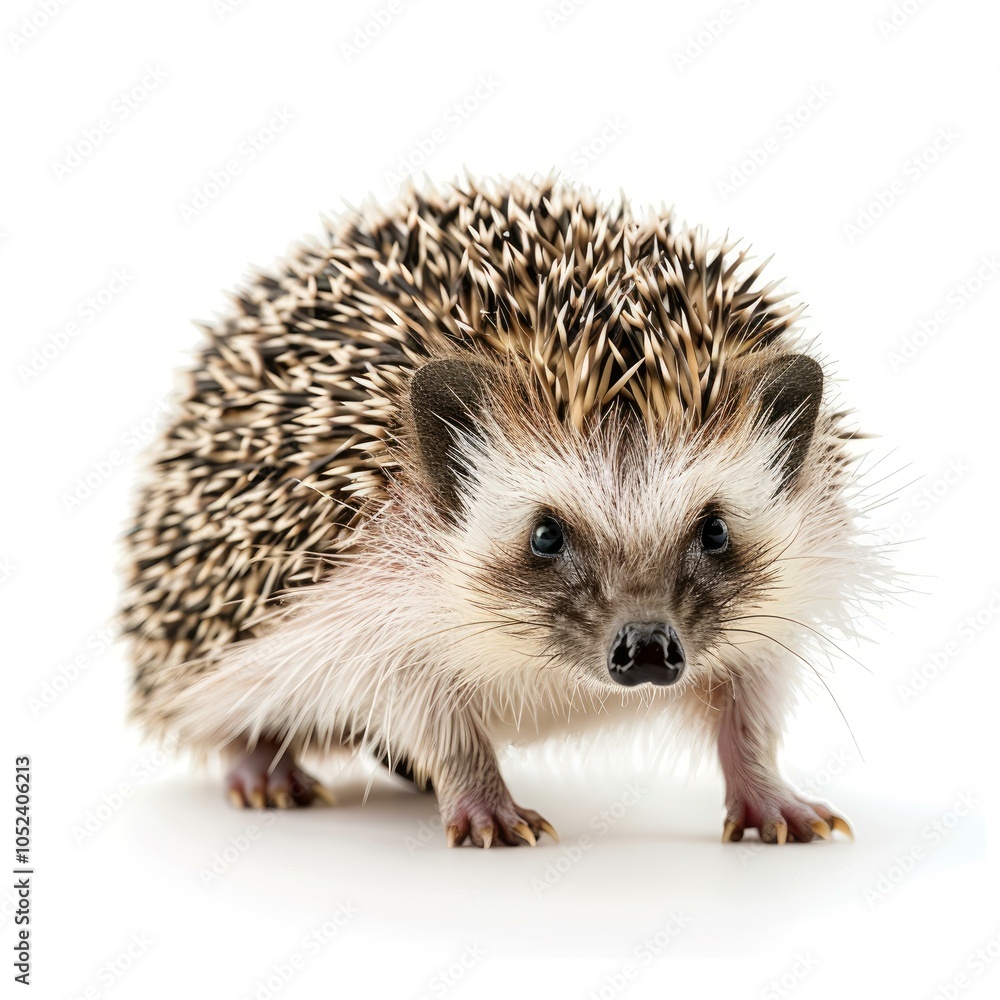 Obraz premium Small european hedgehog standing on a white background, looking ahead