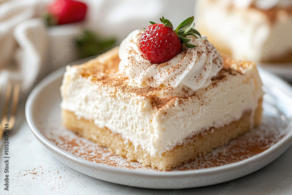 Slice Of Tres Leches Cake Decorated With Whipped Cream And Fresh Strawberry On A White Plate. The Slice Is Decorated With Whipped Cream Sprinkled With Cocoa And A Fresh Strawberry