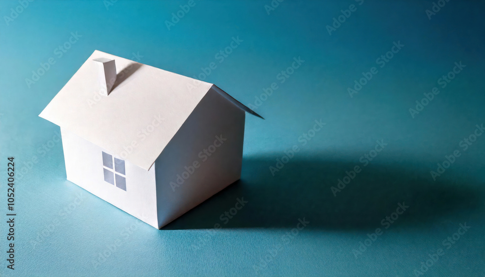White Paper House On Turquoise Background With Dramatic Shadow, Minimal Style Origami Home Model, Real Estate Concept And Mortgage Papercraft Symbol