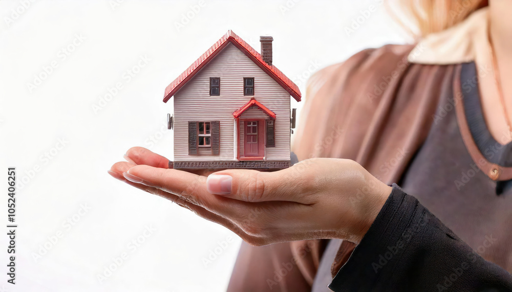Female Real Estate Agent Holding Miniature House Model, Home Ownership And Property Business Concept, Residential Investment Presentation