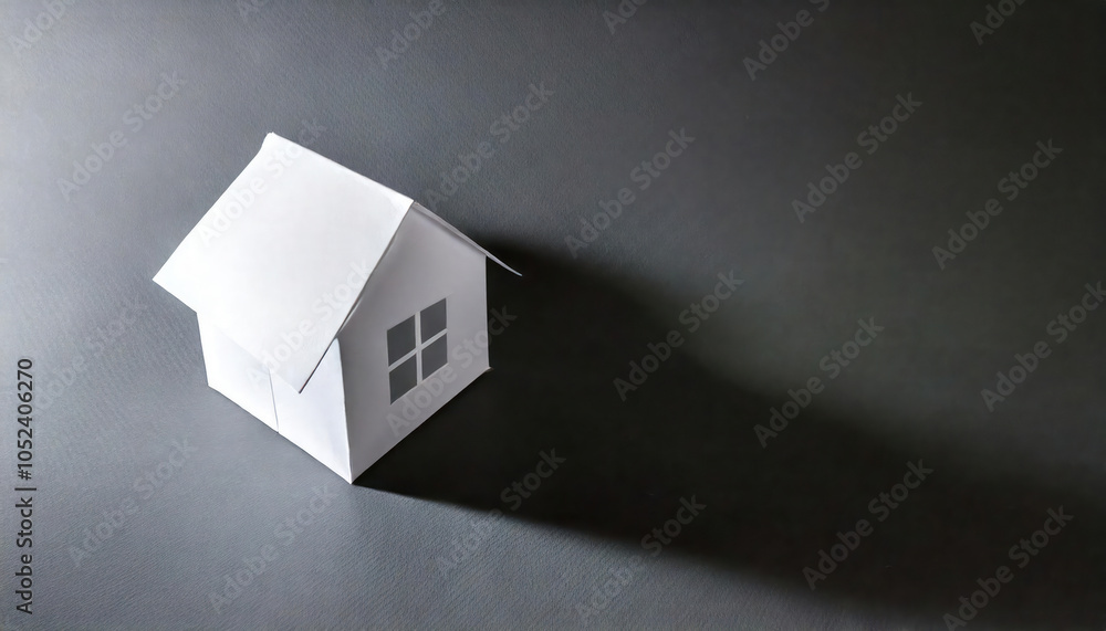 White Paper House On Grey Background With Dramatic Shadow, Minimal Style Origami Home Model, Real Estate Concept And Mortgage Papercraft Symbol