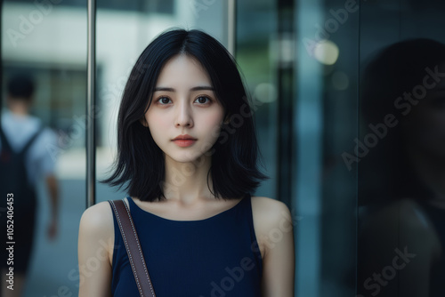 都会の街中に佇む若い女性、昼間の明るい光の中で自然な表情を見せる Free Download 都会の街中に佇む若い女性、昼間の明るい光の中で自然な表情を見せる - GFXLoad