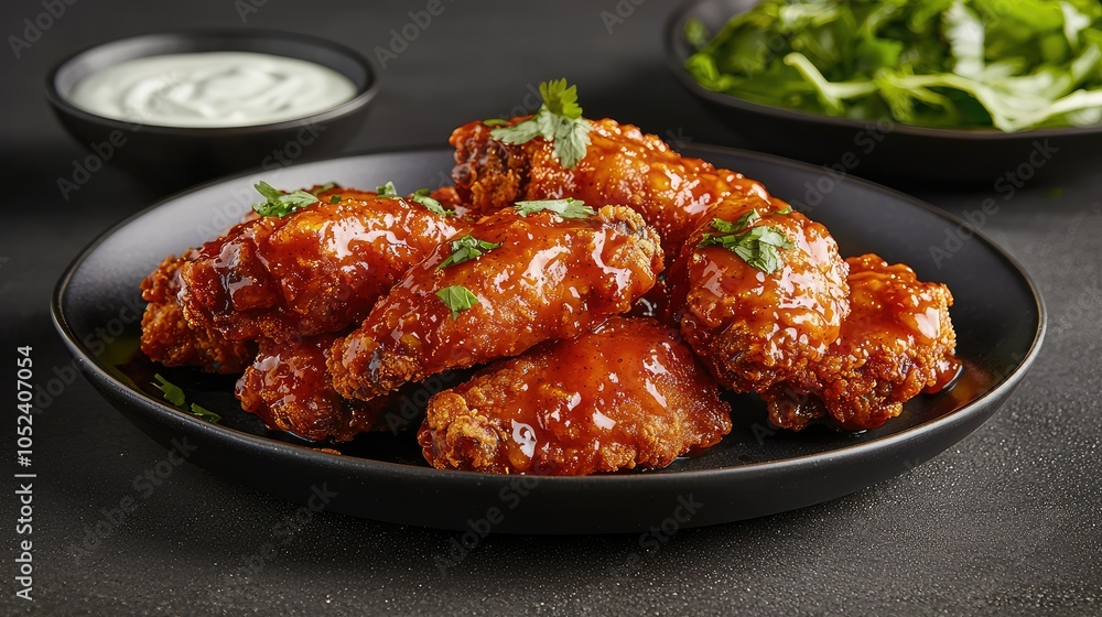 Crispy Spicy Fried Chicken Wings on Black Plate Crispy Spicy Fried Chicken Wings on Black Plate