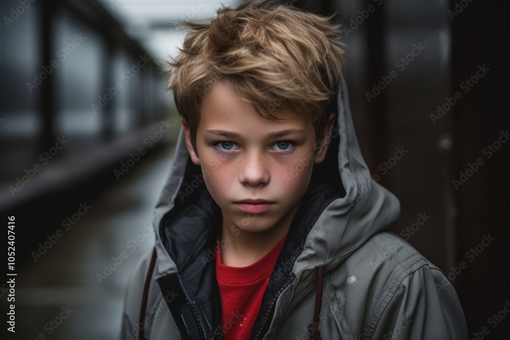 Portrait of a boy with blond hair in a jacket and hood. Portrait of a boy with blond hair in a jacket and hood.
