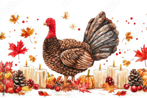 A beautifully illustrated turkey surrounded by autumn leaves, candles, and seasonal decorations; perfect for Thanksgiving-themed designs. photo