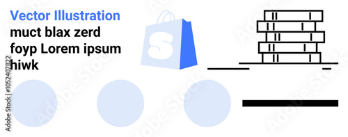 Blue shopping bag with a white S, five stacked books, and three blue dots with placeholder text. Ideal for e-commerce, online shopping, bookstores, digital content, web design. Landing page
