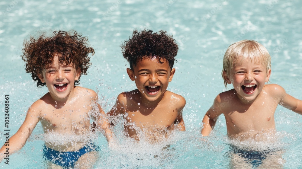 Joyful Children Splashing in Pool Water Joyful Children Splashing in Pool Water
