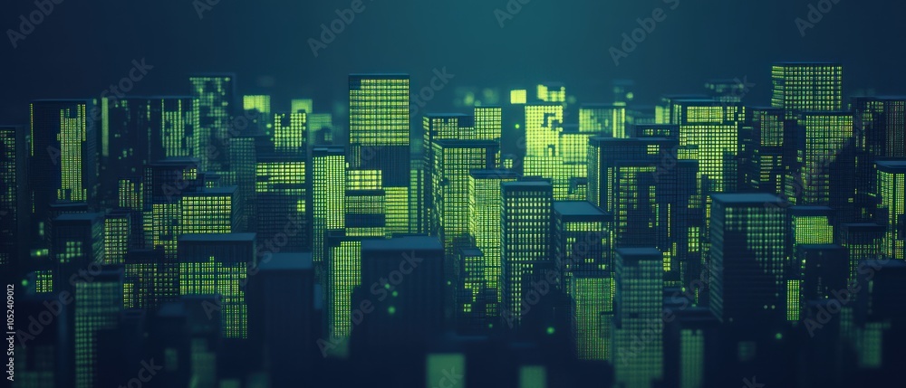 A digital representation of a futuristic cityscape with glowing buildings. A digital representation of a futuristic cityscape with glowing buildings.