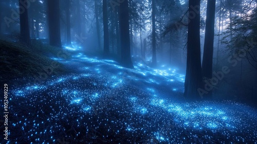 Fototapeta Naklejka Na Ścianę i Meble -  Fog shrouded redwood forest with bioluminescent mushrooms
