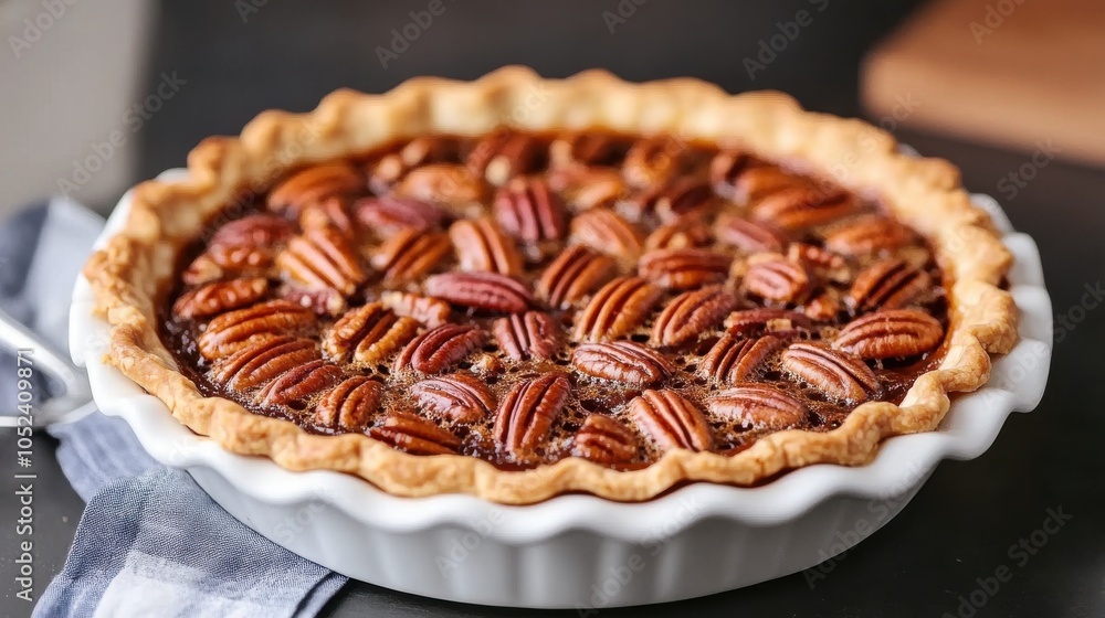 Glossy Caramel Pecan Pie in White Dish