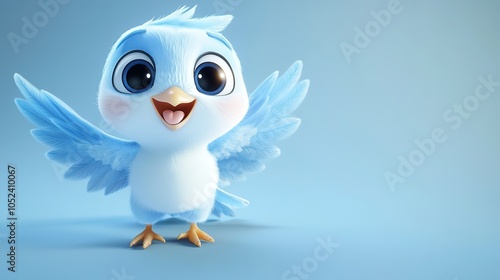 A cute, cartoonish blue bird with large eyes and outstretched wings, set against a soft blue background, exuding joy and playfulness.