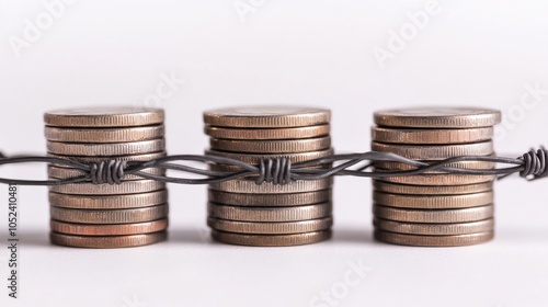 Stack of Coins Trapped by Barbed Wire photo