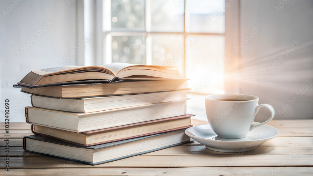 Stack of books with steaming coffee cup beside, morning sunlight through window for cozy reading Stack of books with steaming coffee cup beside, morning sunlight through window for cozy reading