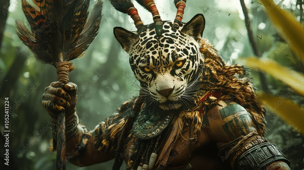 Fototapeta premium Jaguar Warrior in Lush Jungle Environment