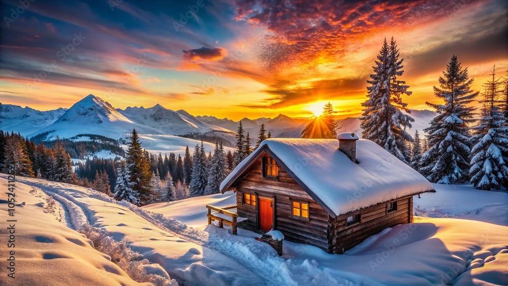 Fototapeta premium Idyllic Winter Mountain Landscape with Cozy Cabin at Sunset - Serene Nature Wallpaper for Tranquil Backgrounds
