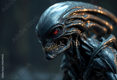 A close-up portrait of an alien creature with large, expressive eyes, blue-gray skin, and distinctive facial features