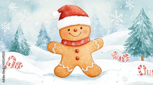 Cartoon Gingerbread Man Character Running in a Winter Setting Flat Design Raster Illustration