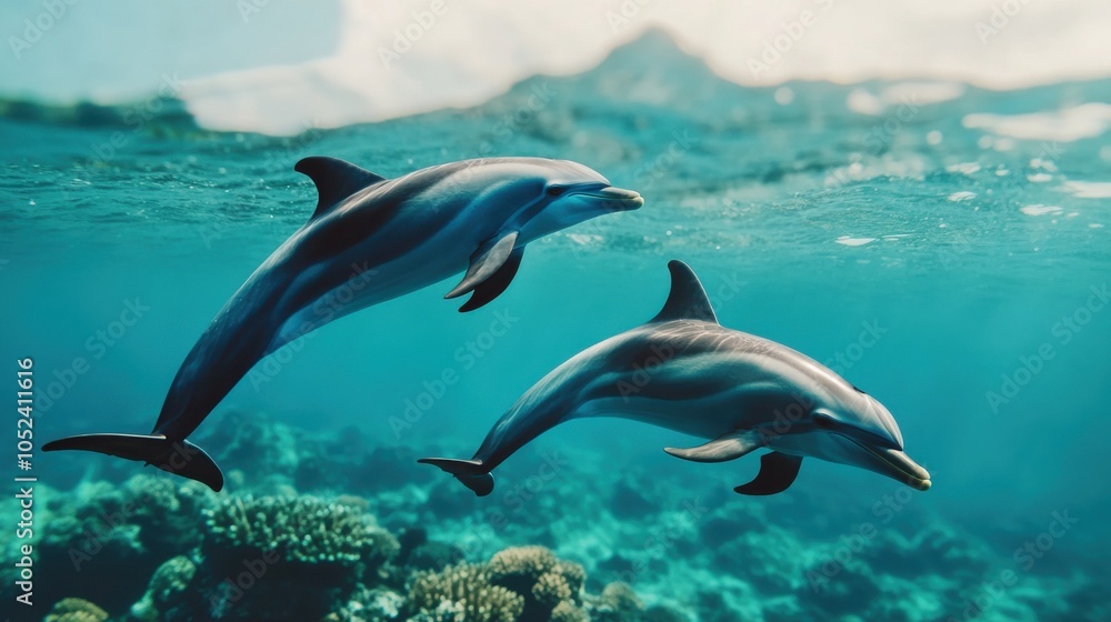 Fototapeta premium Dolphins Swimming Among Vibrant Coral Reefs