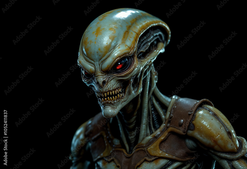 A close-up portrait of an alien creature with large, expressive eyes, blue-gray skin, and distinctive facial features A close-up portrait of an alien creature with large, expressive eyes, blue-gray skin, and distinctive facial features