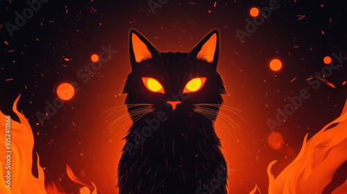 Enigmatic Black Cat in Fiery Orange Background