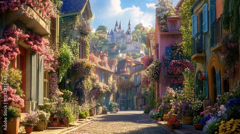 Obraz premium Charming Flower-Laden Street in a Fantasy Village