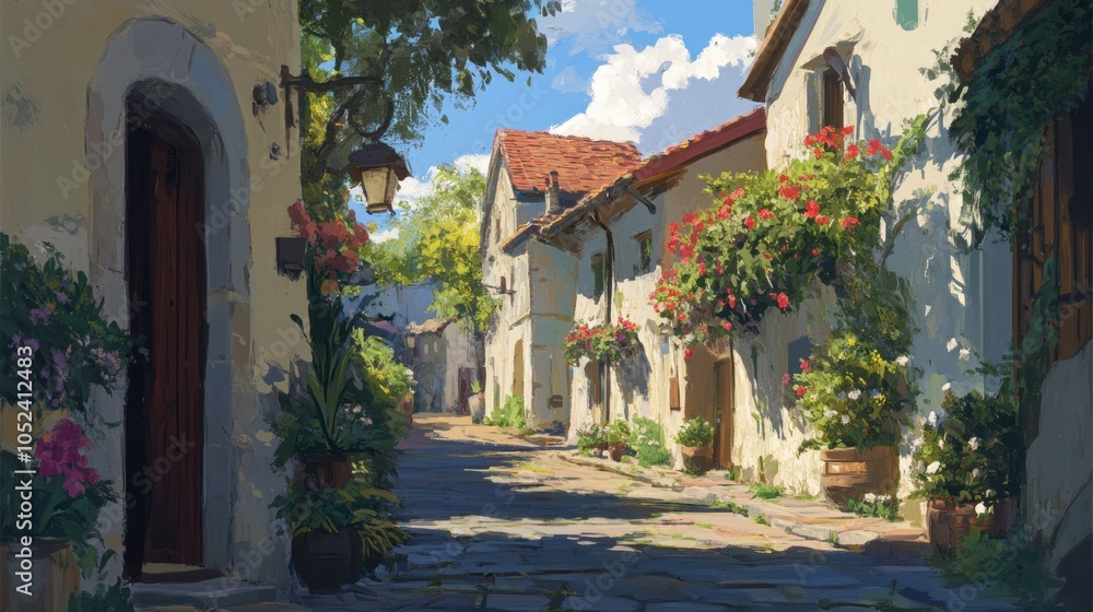Fototapeta premium Charming Village Street with Blossoming Flowers