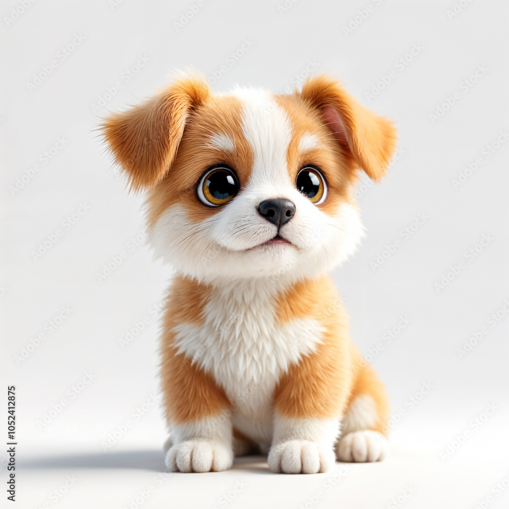 A cute beige and white puppy with large eyes and a sad expression, sitting on a plain background