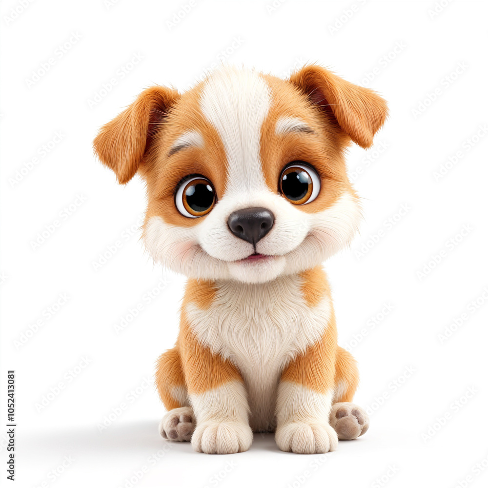 A cute beige and white puppy with large eyes and a sad expression, sitting on a plain background A cute beige and white puppy with large eyes and a sad expression, sitting on a plain background