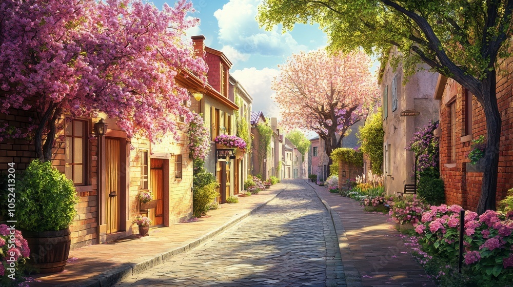 Fototapeta premium Serene Street with Blossoming Trees and Charming Homes