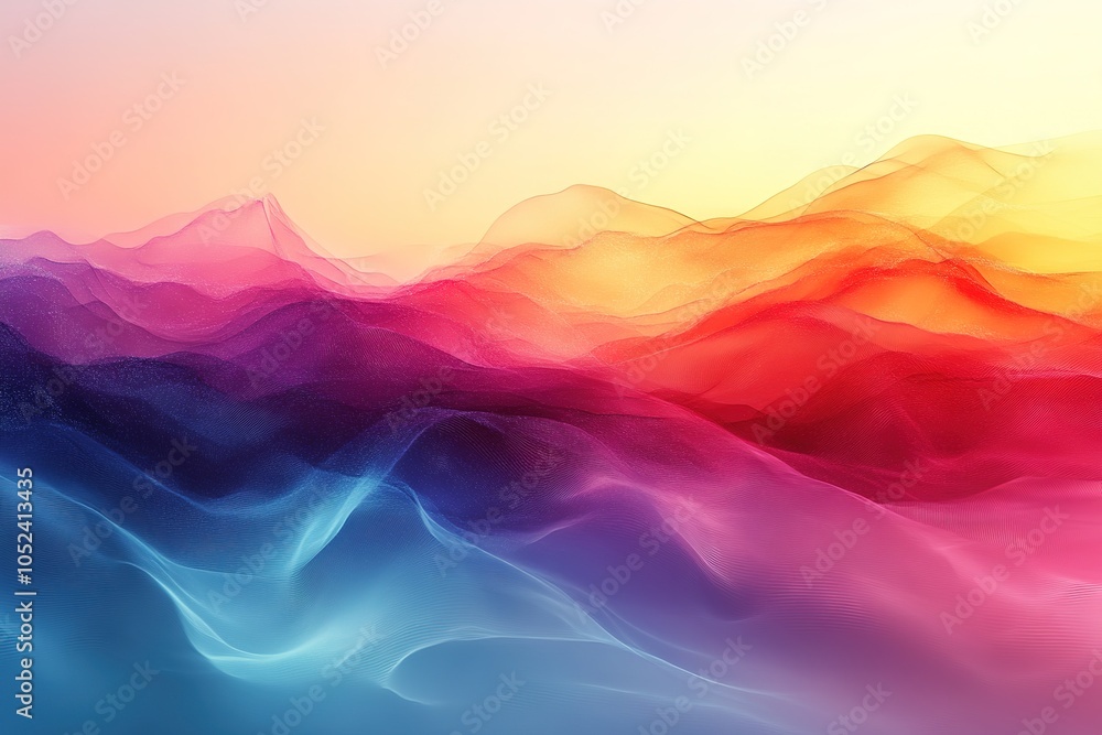 Fototapeta premium Abstract colorful landscape with mountains and hills in shades of red, orange, yellow, pink, blue, and purple.