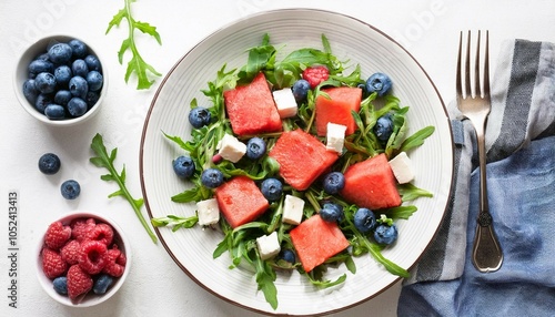 Wallpaper Mural summer fruit salad with watermelon cheese blueberries and arugula on white background top view Torontodigital.ca