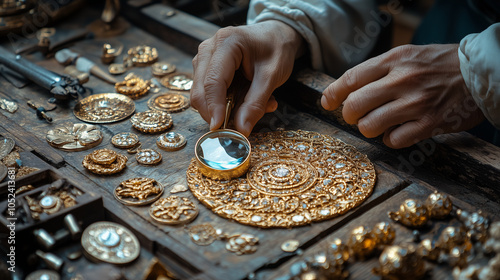 Jeweler inspecting a gold pendant under a magnifying glass: A jewelerâs hands hold a magnifying glass up to a beautifully crafted gold pendant, examining the details closely. The w photo