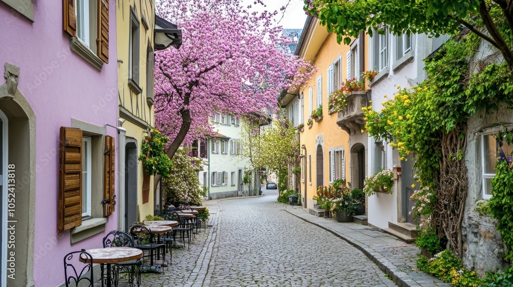 Obraz premium Charming Street with Blossom Trees in Springtime