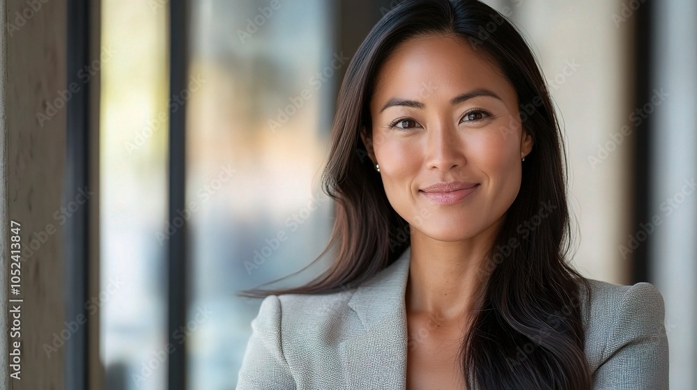 Professional Woman Smiling in Modern Office Setting Professional Woman Smiling in Modern Office Setting