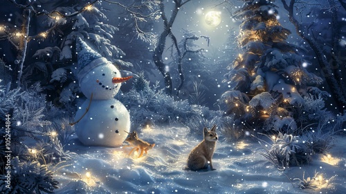 Christmas Eve story. Fairy tale about forest animals and Snow man, New year s eve, Happy New year  photo