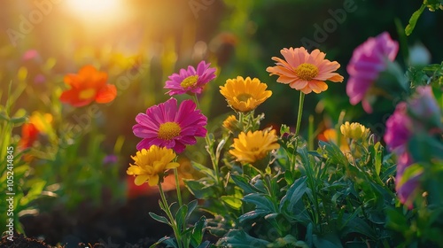 Vibrant Garden with Blooming Flowers at Sunset