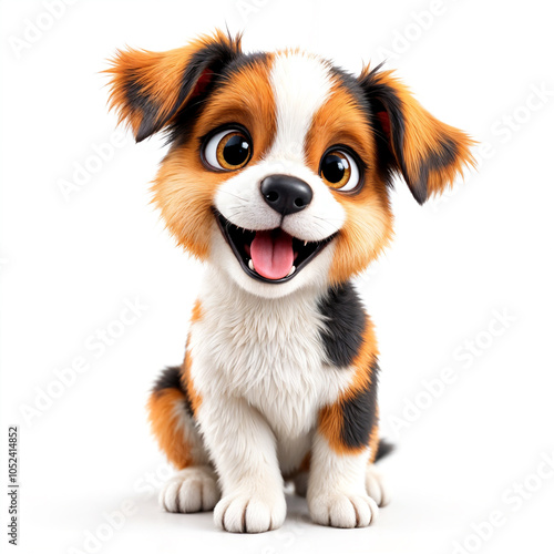 A cute beige and white puppy with large eyes and a sad expression, sitting on a plain background