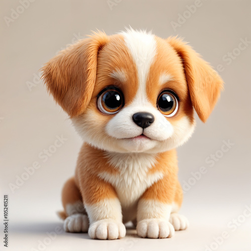 A cute beige and white puppy with large eyes and a sad expression, sitting on a plain background