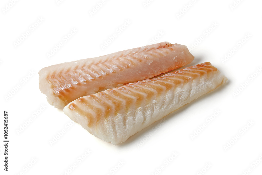 fresh frozen cod fillet in ice glaze isolated on white background fresh frozen cod fillet in ice glaze isolated on white background