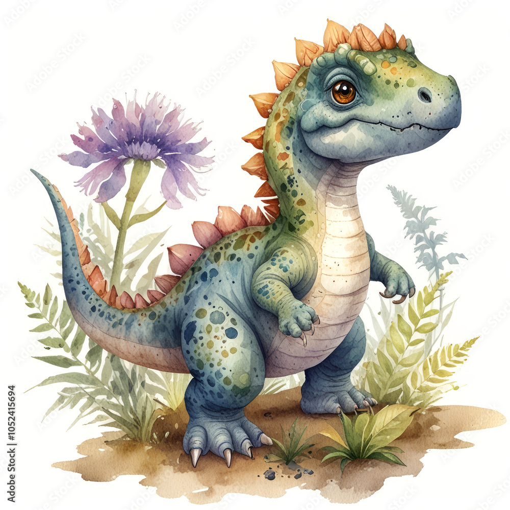 Obraz premium Watercolor colorful cute dinosaur in cartoon style. Funny animal painting. 