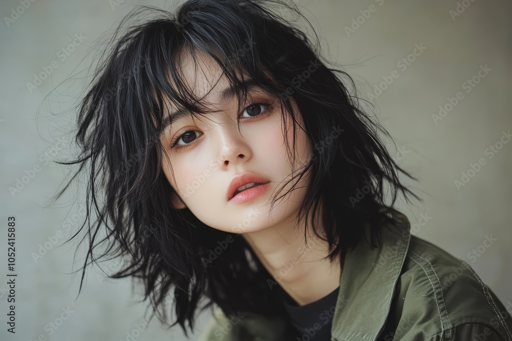 Naklejka premium 黒い髪の女性が自然光の中でカメラを見つめる、シンプルな背景でのポートレート