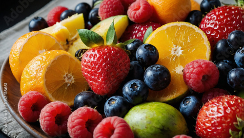 A plate of various fruits: oranges, strawberries, blueberries, raspberries, and kiwi.